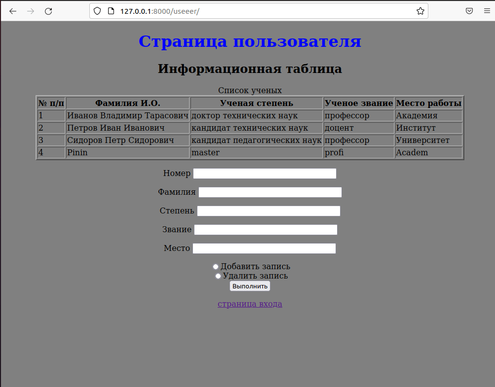 html-страница с содержимым базы данных приложения useers